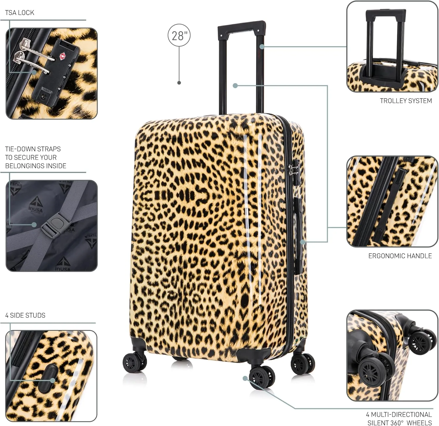 InUSA Cheetah Print Luggage with Spinner Wheels | Durable Lightweight Hardside Suitcase | Travel Bag with Handle and Trolley | 28-Inch Large Checked luggage
