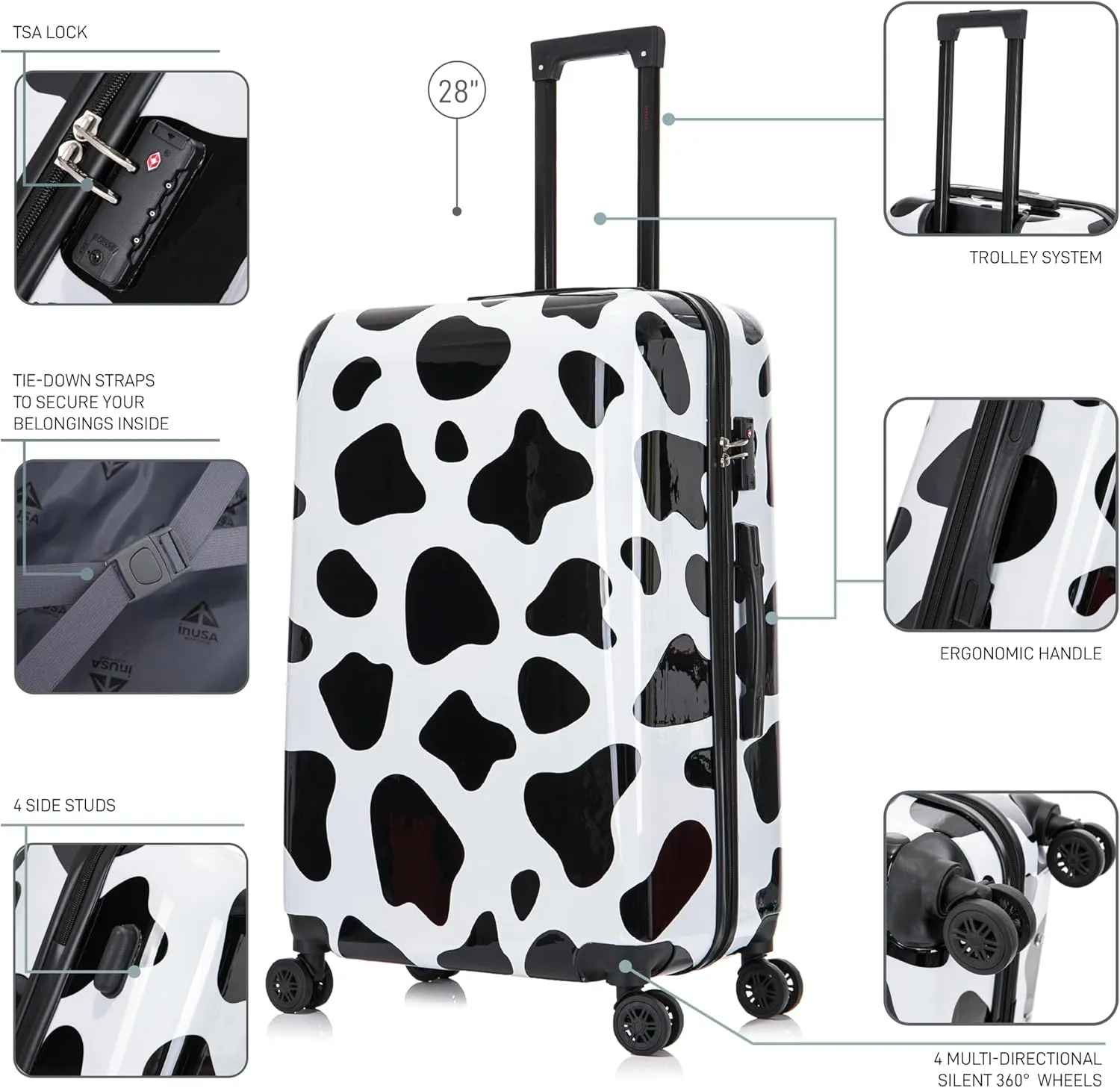 InUSA Cow Print Luggage with Spinner Wheels | Durable Lightweight Hardside Suitcase | Travel Bag with Handle and Trolley | 28-Inch Large Checked luggage