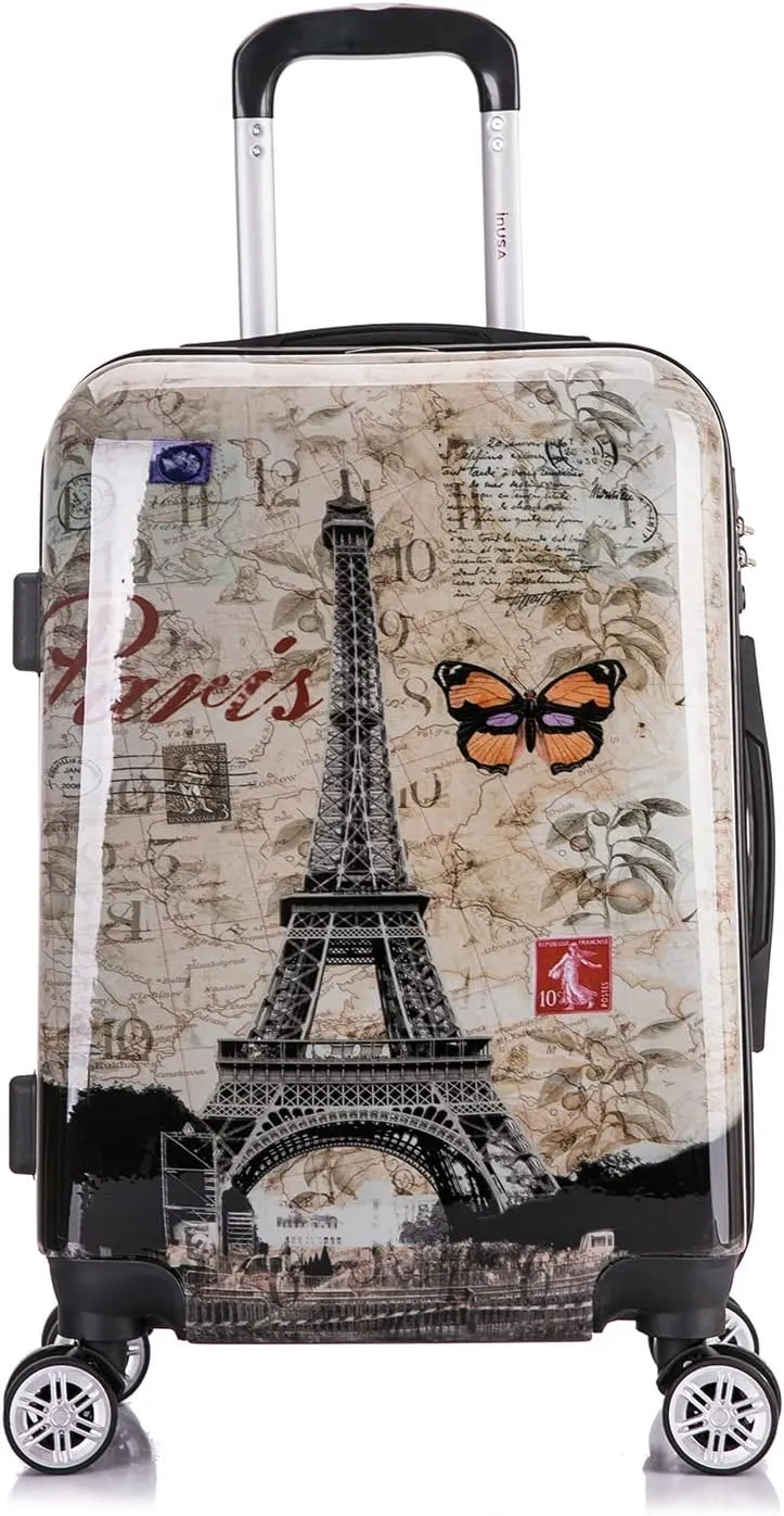 InUSA Paris Print Luggage with Spinner Wheels | Durable Lightweight Hardside Suitcase | Travel Bag with Handle and Trolley | 20 Inch Carry-On Spinner Luggage