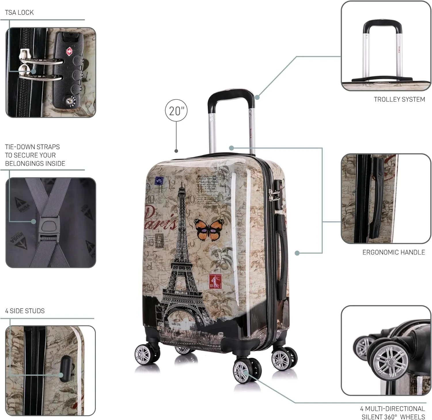 InUSA Paris Print Luggage with Spinner Wheels | Durable Lightweight Hardside Suitcase | Travel Bag with Handle and Trolley | 20 Inch Carry-On Spinner Luggage