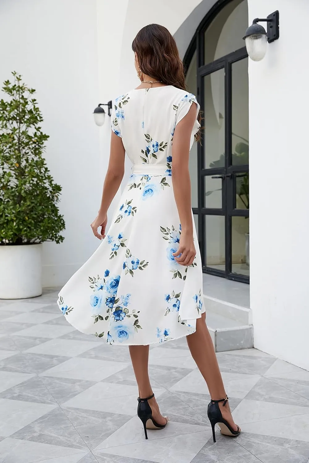 JASAMBAC Women's Floral High Low Dress for Wedding Guest Flowy Bohemian Empire Waist Swing Dress with Belt