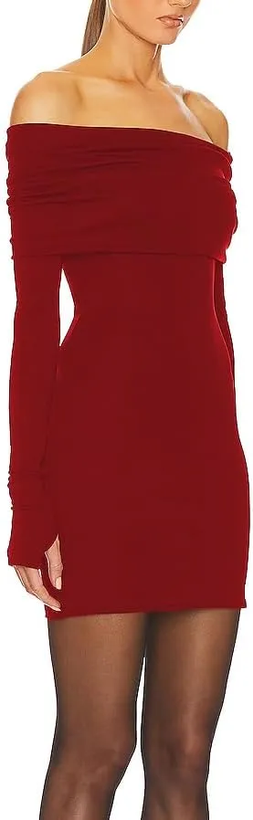 JLCNCUE Womens Off The Shoulder Long Sleeves Bodycon Mini Dress Elegant Ribbed Knit Club Party Short Fitted Dresses 347