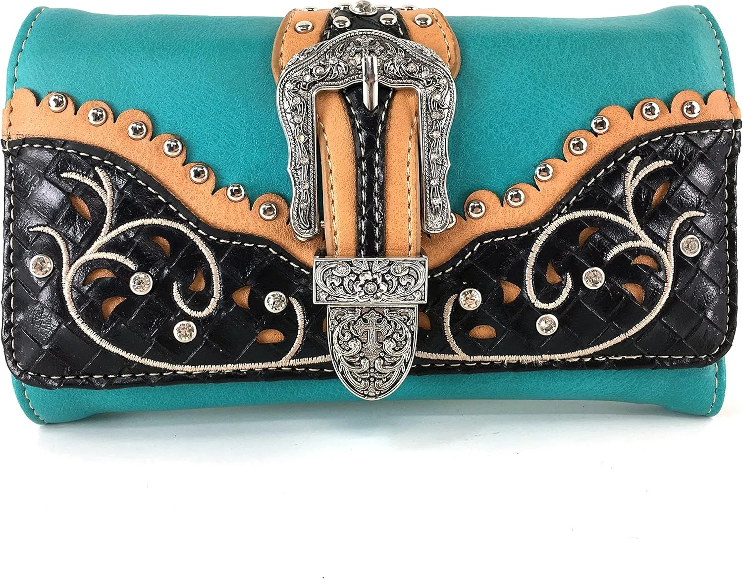 Justin West Floral Embroidery Weaved Leather Rhinestone Studs Buckle Wristlet Trifold Wallet Attachable Long Strap
