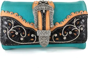 Justin West Floral Embroidery Weaved Leather Rhinestone Studs Buckle Wristlet Trifold Wallet Attachable Long Strap