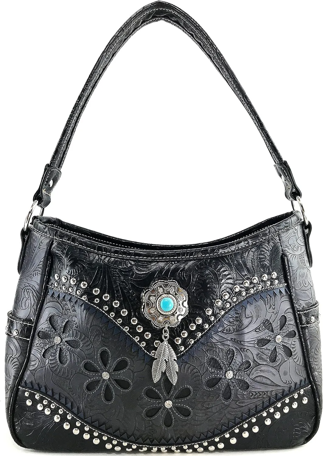Justin West Turquoise Stone Concho Feathers Western Tooled Studs Concealed Carry Handbag Purse
