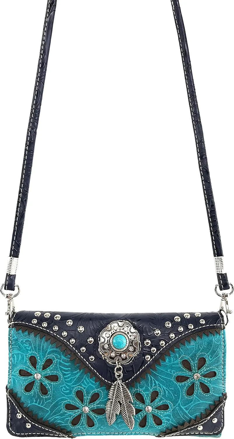 Justin West Turquoise Stone Concho Feathers Western Tooled Studs Concealed Carry Handbag Purse