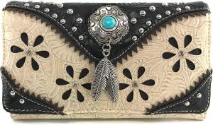 Justin West Turquoise Stone Concho Feathers Western Tooled Studs Concealed Carry Handbag Purse