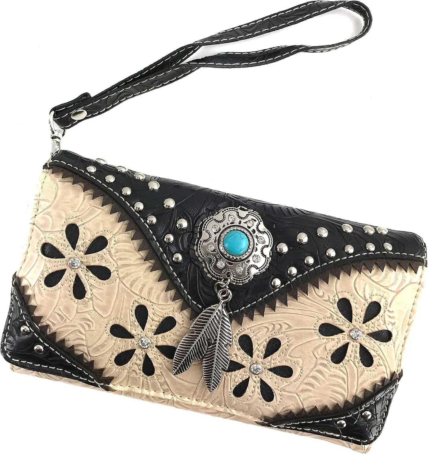 Justin West Turquoise Stone Concho Feathers Western Tooled Studs Concealed Carry Handbag Purse