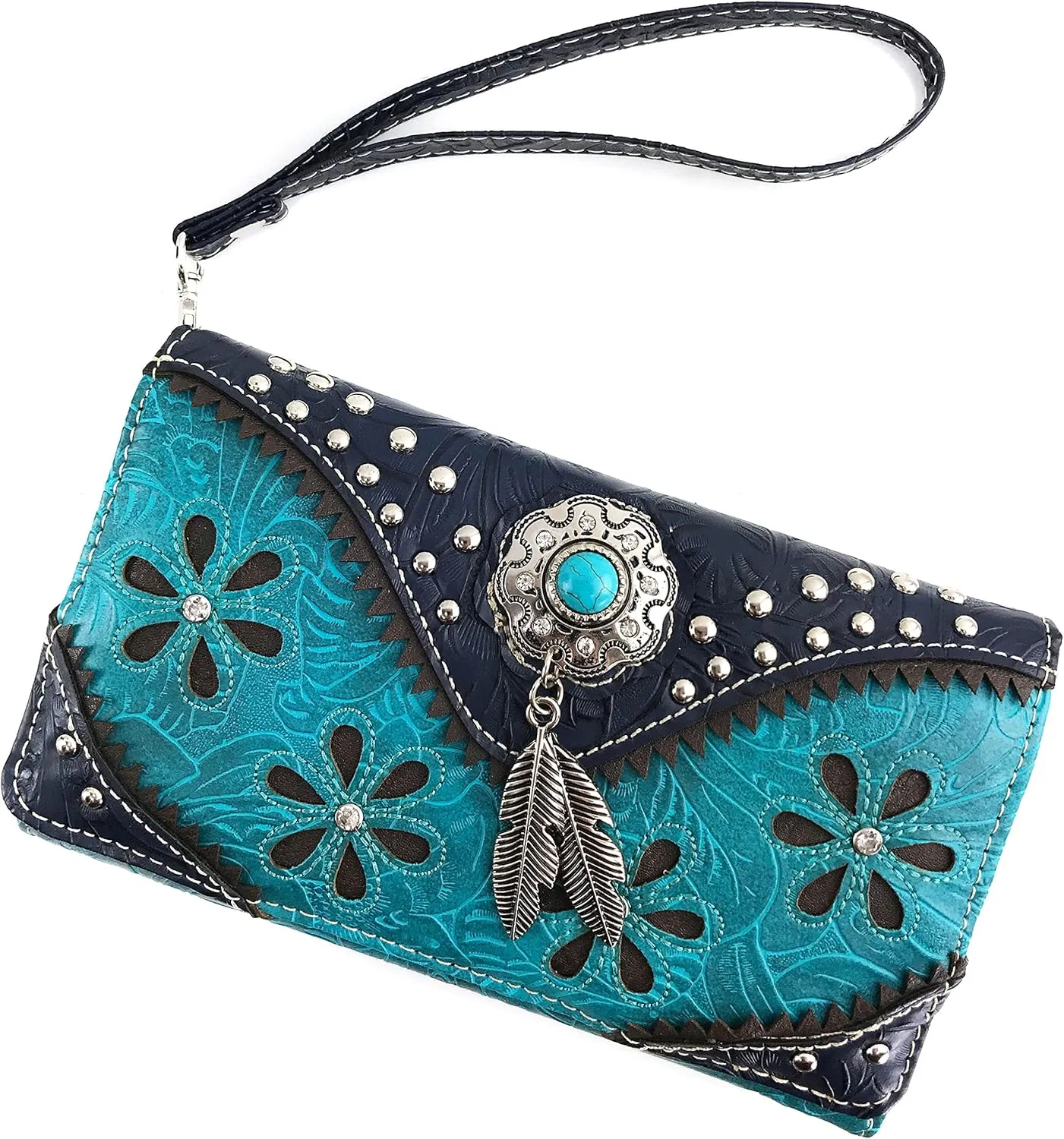 Justin West Turquoise Stone Concho Feathers Western Tooled Studs Concealed Carry Handbag Purse