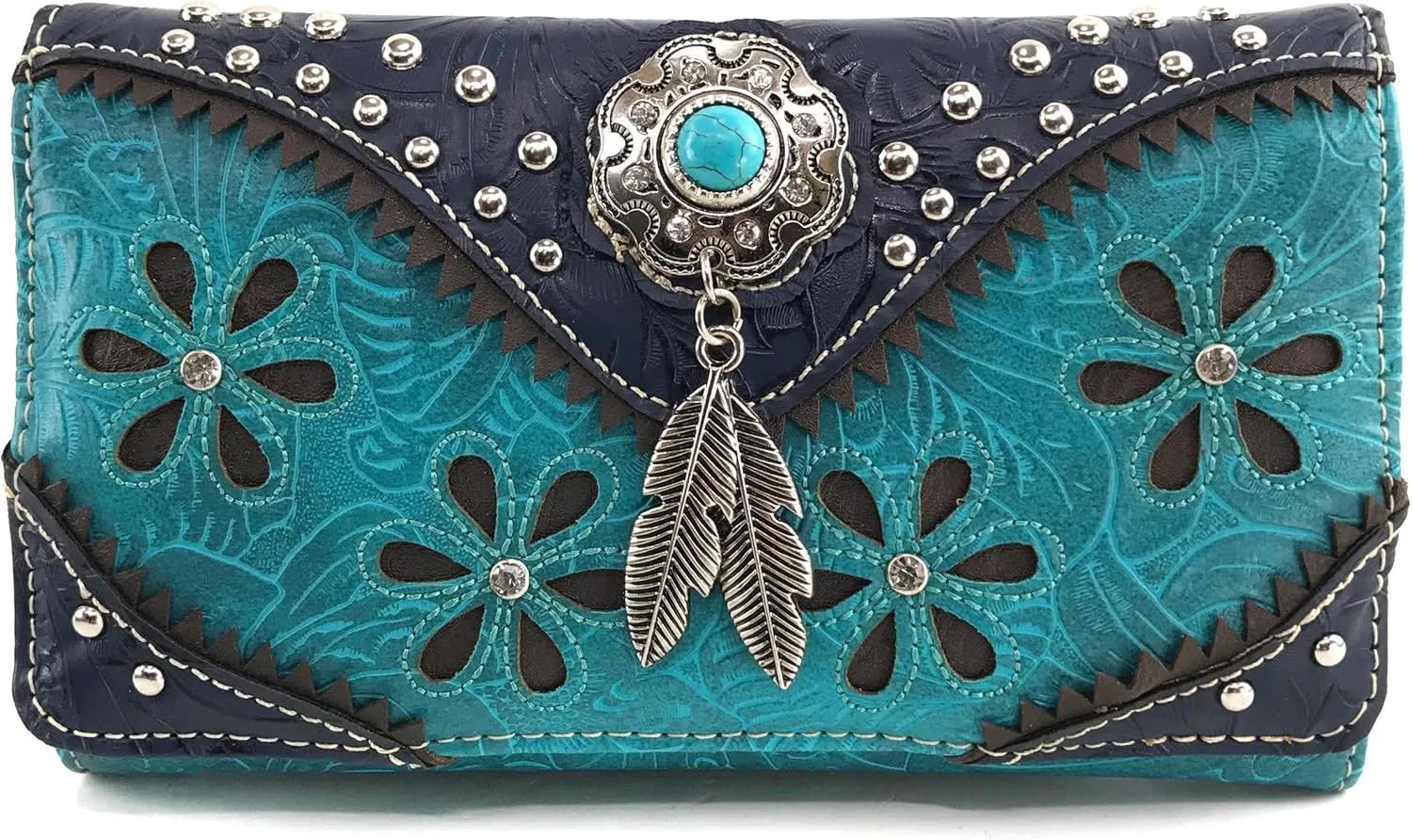 Justin West Turquoise Stone Concho Feathers Western Tooled Studs Concealed Carry Handbag Purse