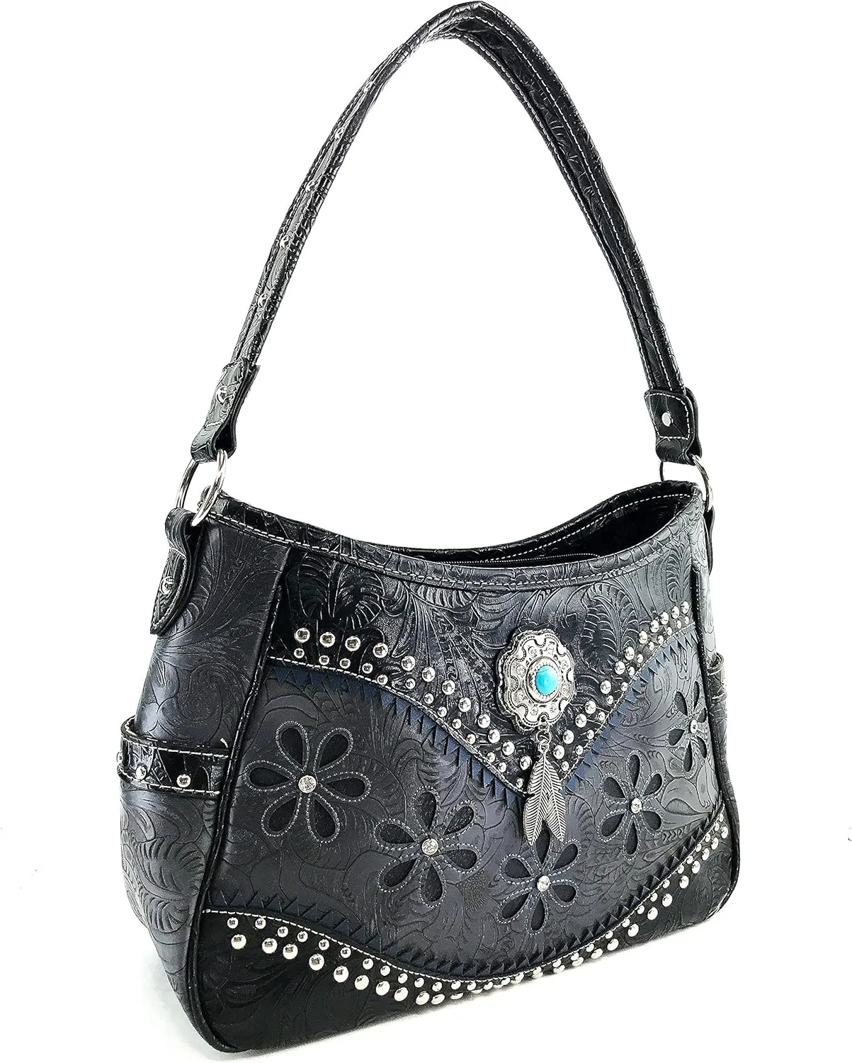 Justin West Turquoise Stone Concho Feathers Western Tooled Studs Concealed Carry Handbag Purse