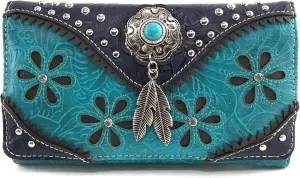 Justin West Turquoise Stone Concho Feathers Western Tooled Studs Concealed Carry Handbag Purse