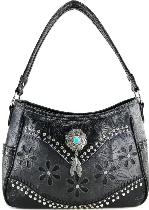 Justin West Turquoise Stone Concho Feathers Western Tooled Studs Concealed Carry Handbag Purse