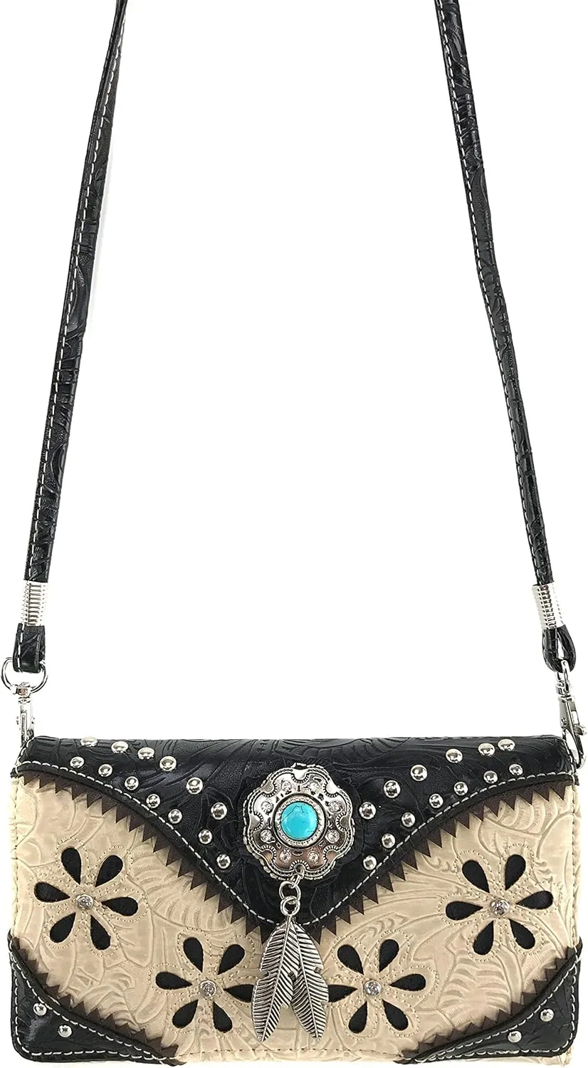 Justin West Turquoise Stone Concho Feathers Western Tooled Studs Concealed Carry Handbag Purse
