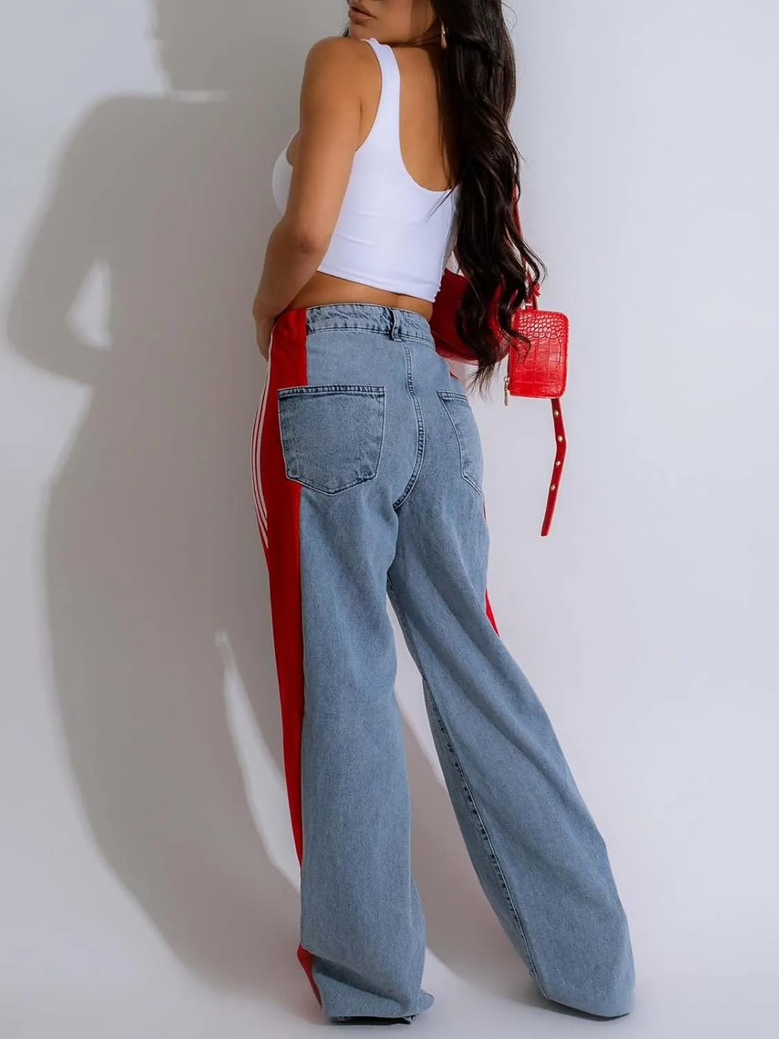KANSOON Jeans for Women with Patchwork Stripes High Waisted Straight Stretchy Loose Color Block Wide Leg Denim Pants