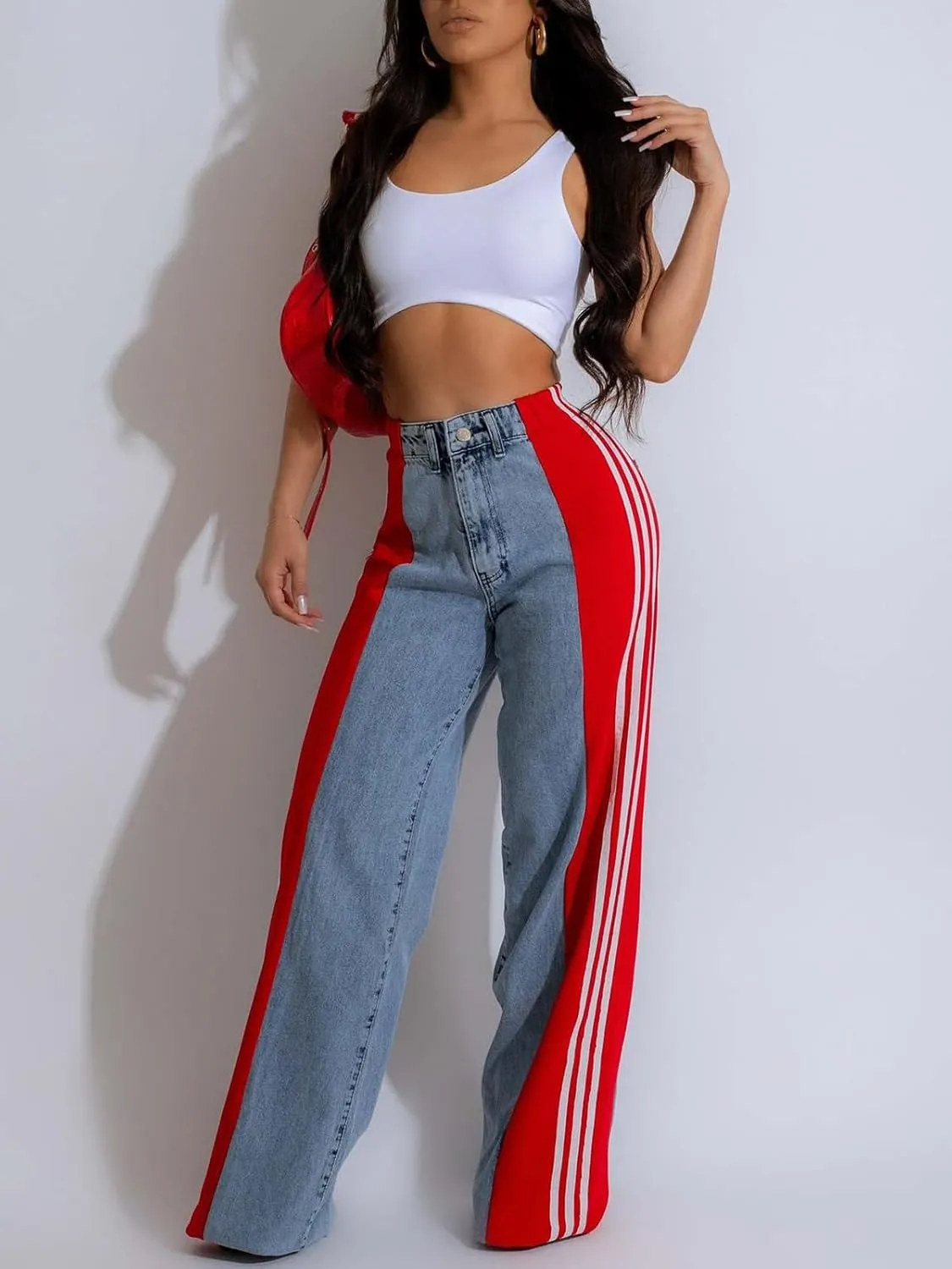 KANSOON Jeans for Women with Patchwork Stripes High Waisted Straight Stretchy Loose Color Block Wide Leg Denim Pants