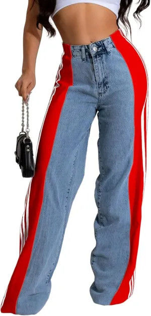 KANSOON Jeans for Women with Patchwork Stripes High Waisted Straight Stretchy Loose Color Block Wide Leg Denim Pants