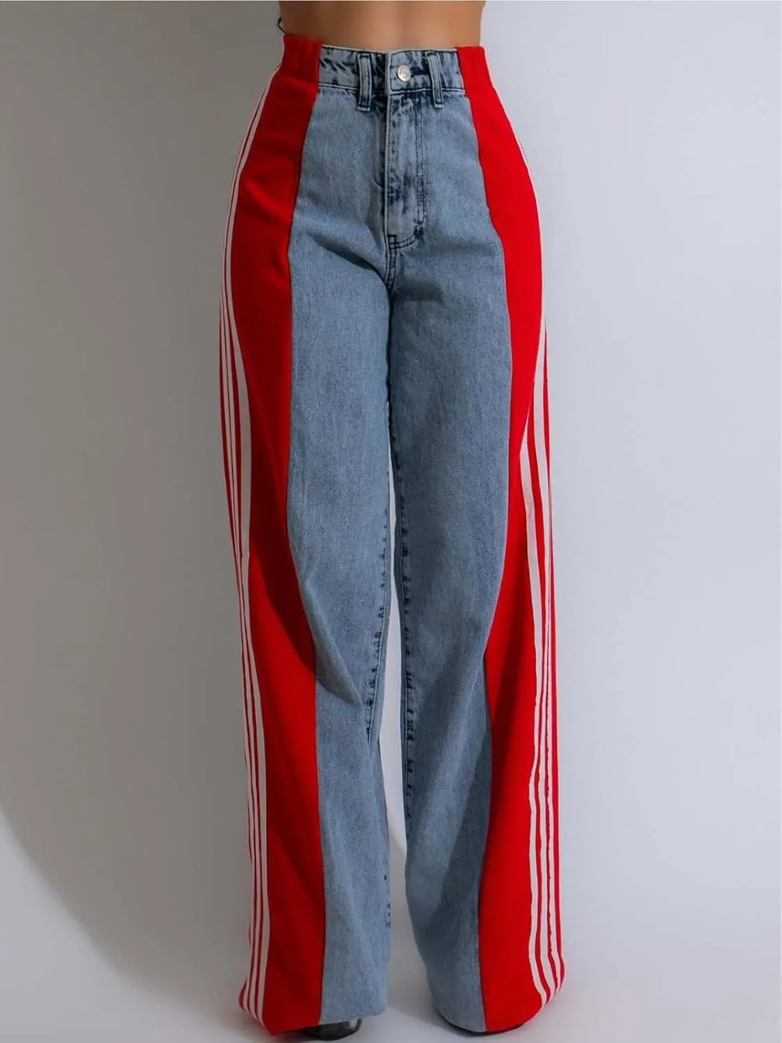 KANSOON Jeans for Women with Patchwork Stripes High Waisted Straight Stretchy Loose Color Block Wide Leg Denim Pants