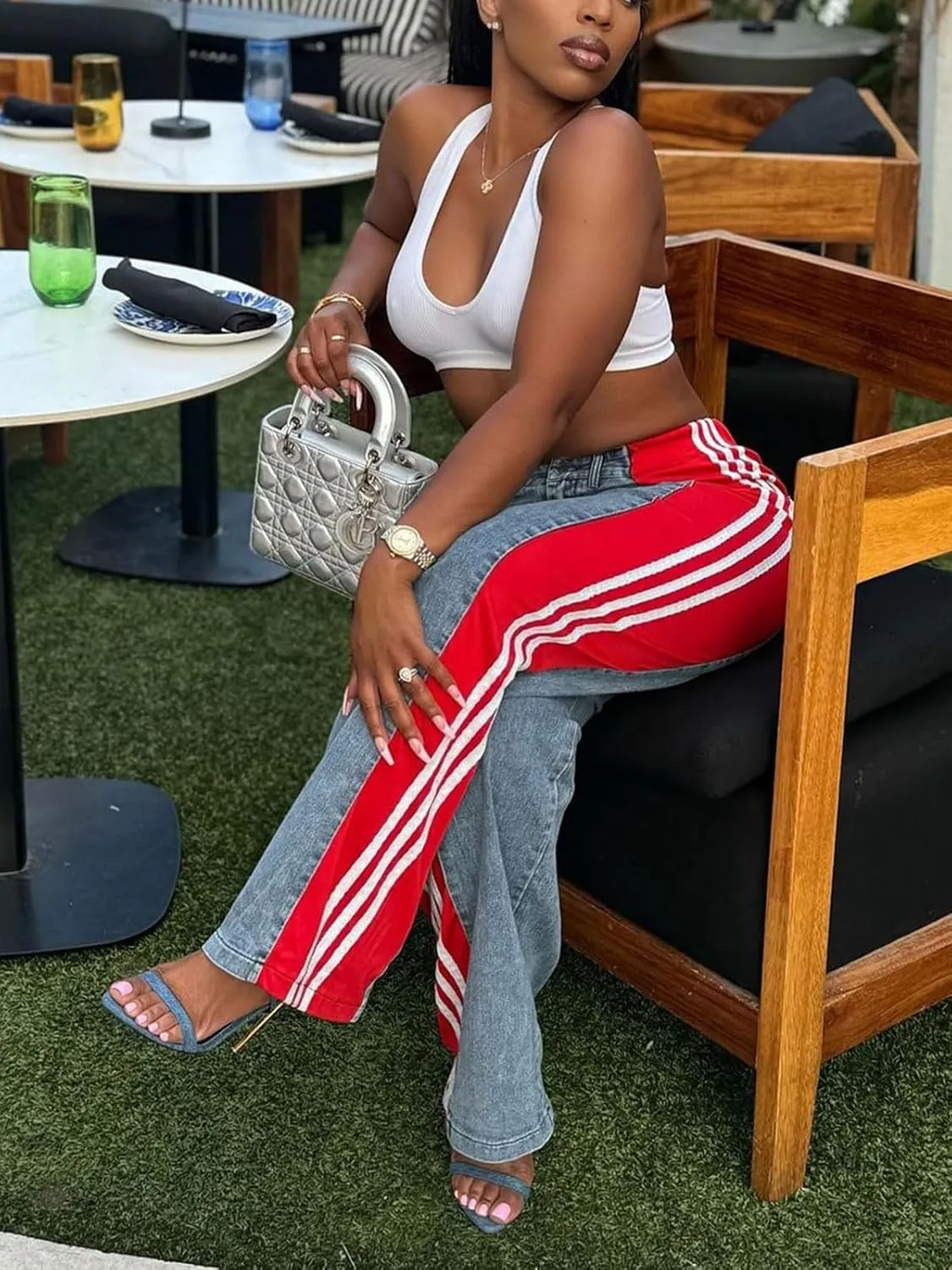 KANSOON Jeans for Women with Patchwork Stripes High Waisted Straight Stretchy Loose Color Block Wide Leg Denim Pants