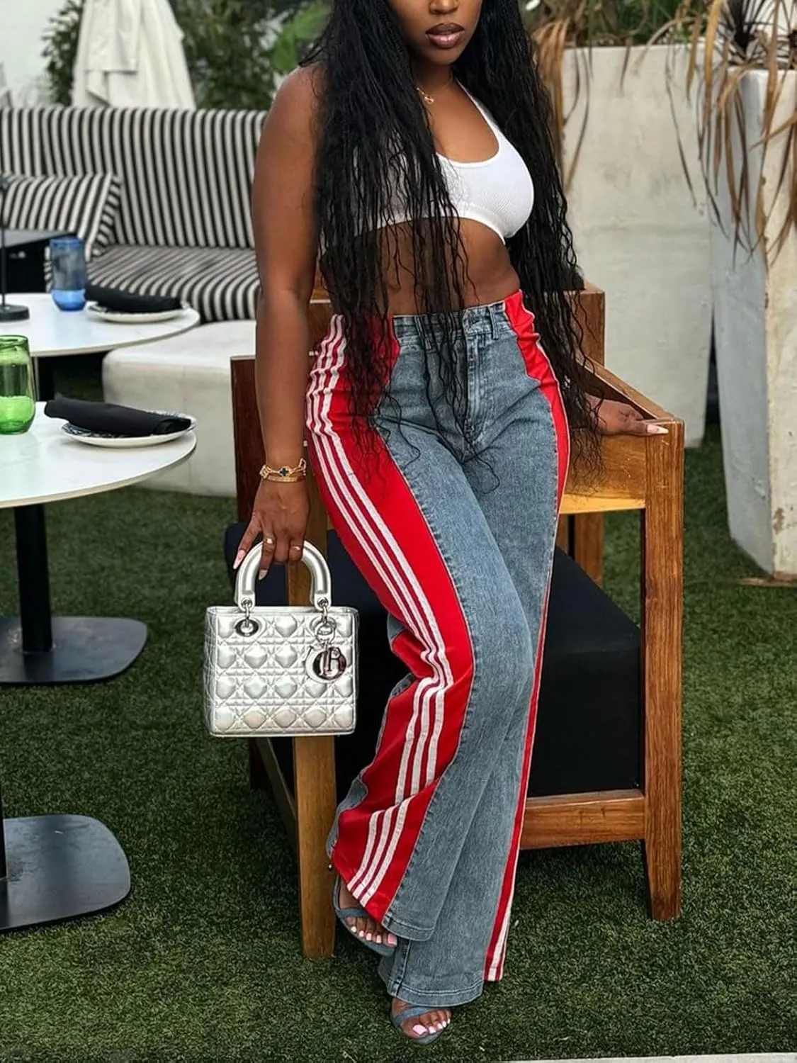 KANSOON Jeans for Women with Patchwork Stripes High Waisted Straight Stretchy Loose Color Block Wide Leg Denim Pants