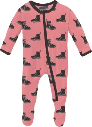 KicKee Print Footie with Zipper, Fitted Long Sleeve Pajamas, Ultra Soft Everyday One-Piece Loungewear, 90s (Strawberry Boots - 3-6 Months)