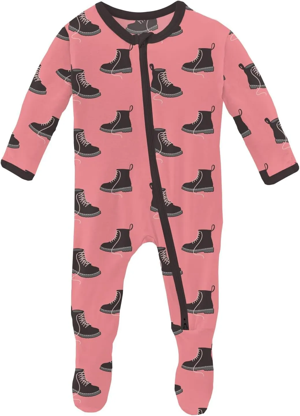 KicKee Print Footie with Zipper, Fitted Long Sleeve Pajamas, Ultra Soft Everyday One-Piece Loungewear, 90s (Strawberry Boots - 3-6 Months)