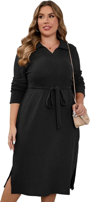 KOJOOIN Women Plus Size Sweater Dress Collar Long Sleeve Side Split Pullover Maxi Knit Sweater Dress with Belt