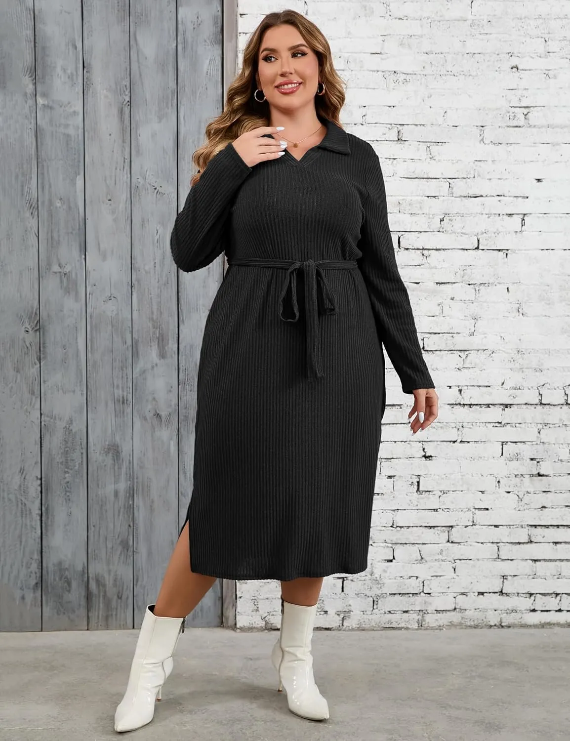 KOJOOIN Women Plus Size Sweater Dress Collar Long Sleeve Side Split Pullover Maxi Knit Sweater Dress with Belt