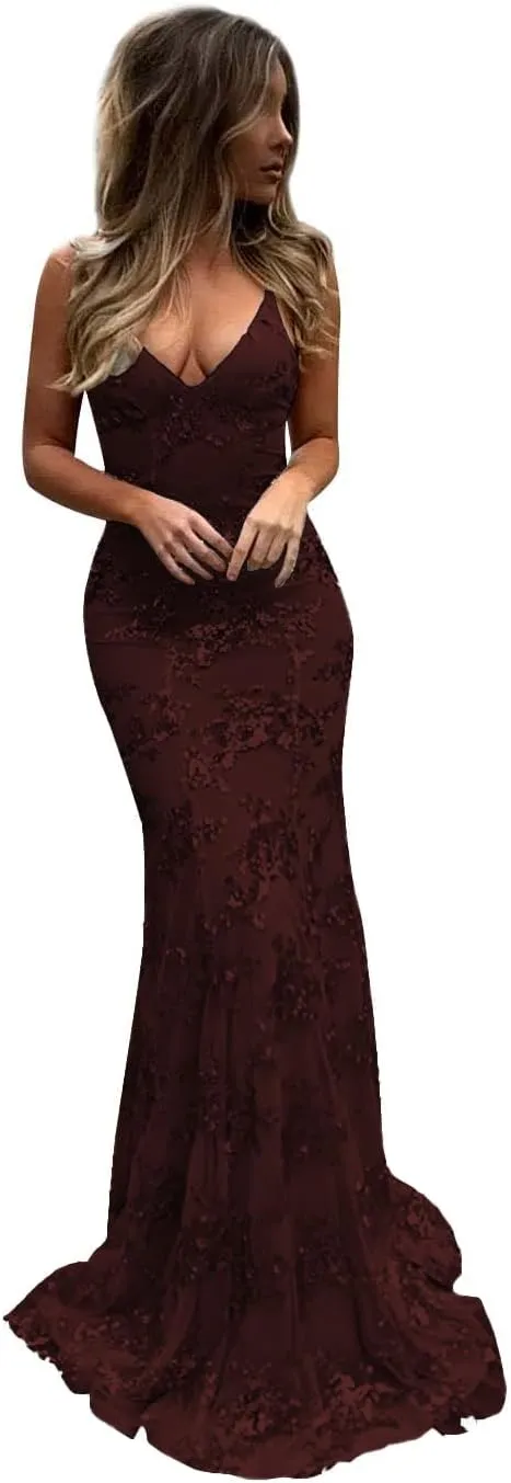 Laces Sequin Long Prom Dress for Women Spaghetti Strap Cocktail Party Dress Glitter V Neck Evening Formal Gown