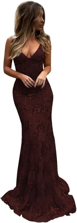 Laces Sequin Long Prom Dress for Women Spaghetti Strap Cocktail Party Dress Glitter V Neck Evening Formal Gown