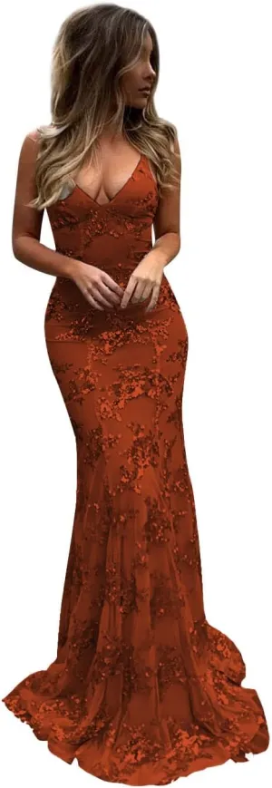 Laces Sequin Long Prom Dress for Women Spaghetti Strap Cocktail Party Dress Glitter V Neck Evening Formal Gown