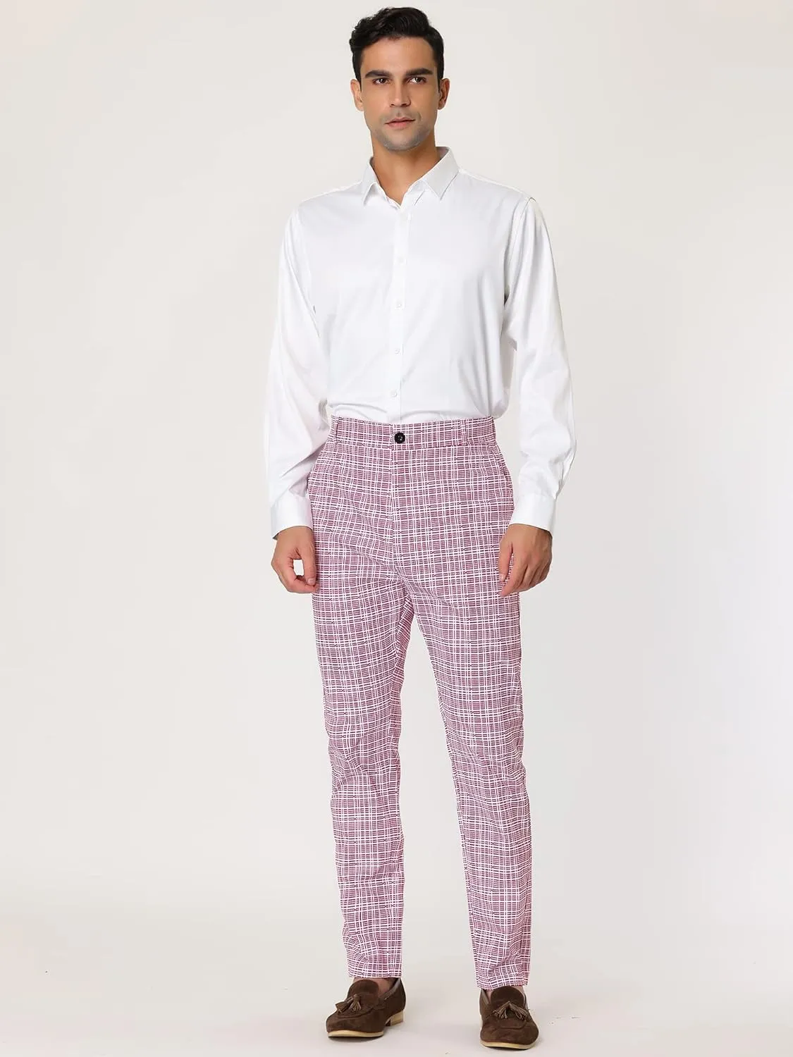 Lars Amadeus Men's Dress Plaid Pants Flat Front Printed Business Check Trousers