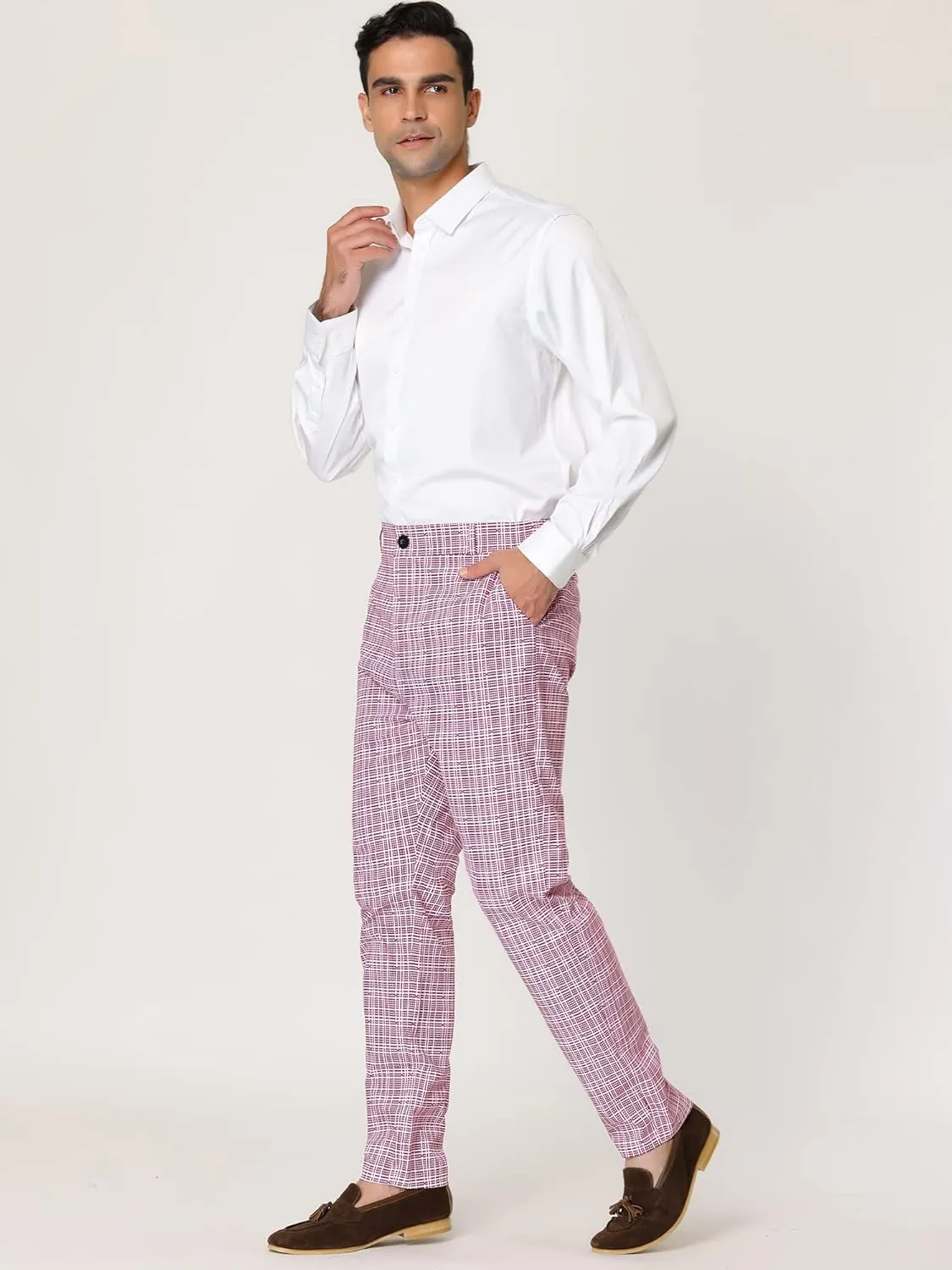 Lars Amadeus Men's Dress Plaid Pants Flat Front Printed Business Check Trousers