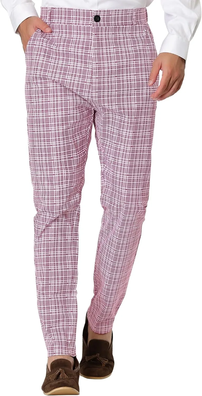 Lars Amadeus Men's Dress Plaid Pants Flat Front Printed Business Check Trousers
