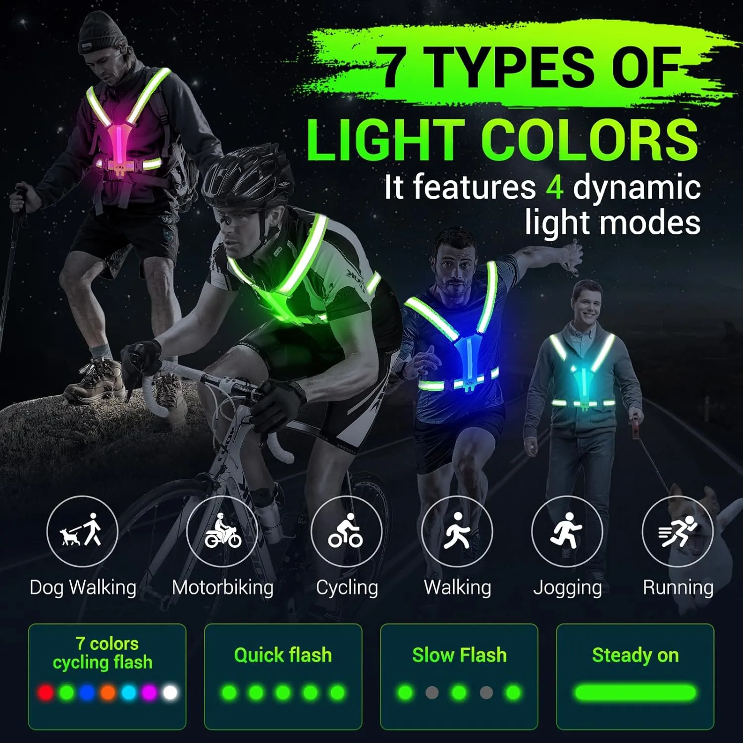 Led Reflective Vest Running Gear7 Lights Colors Light Up Running Vest, Rechargeable High-Visibility Adjustable Vest for Running, Cycling, and Night ActivitiesGreen