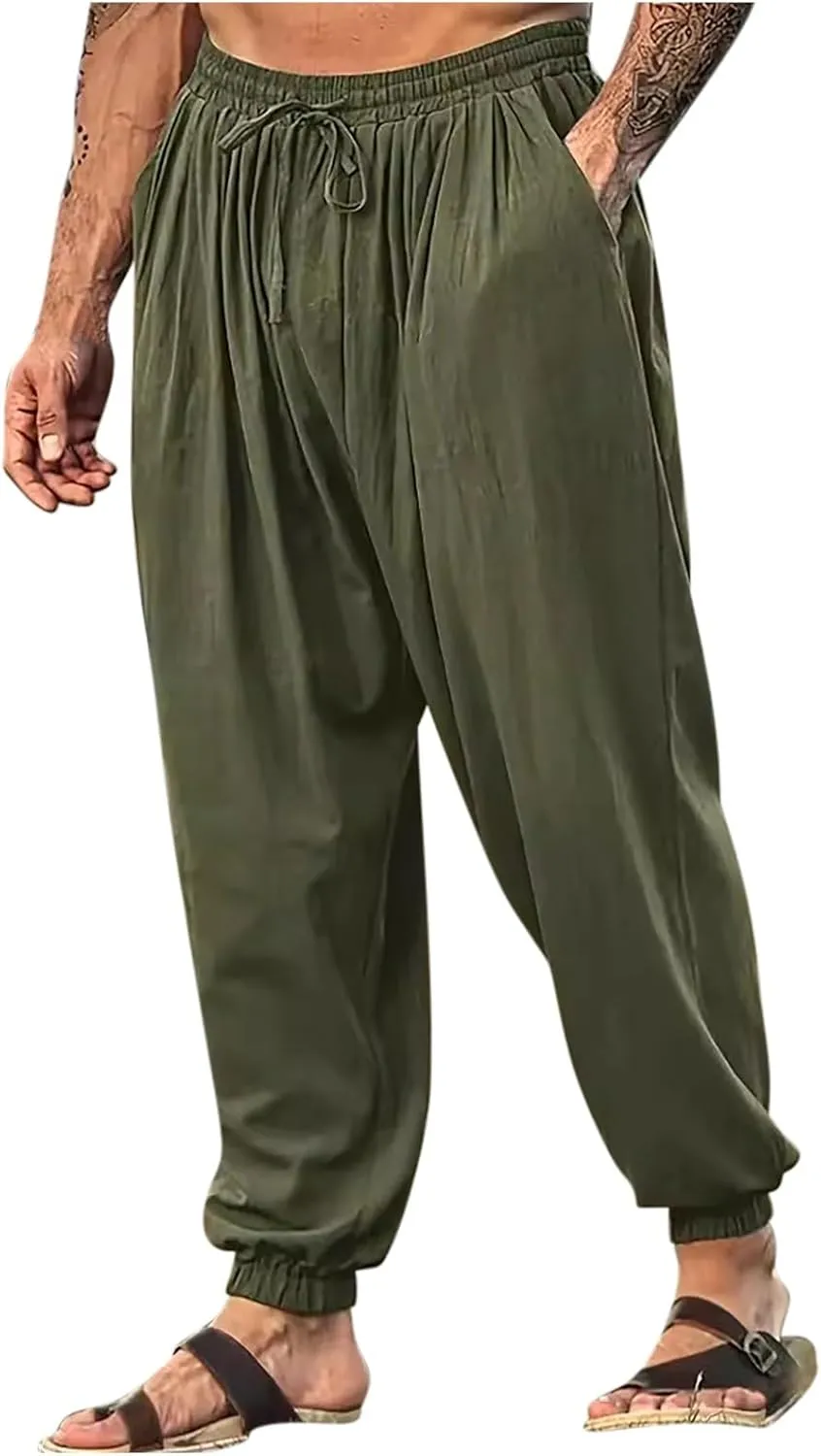 Linen Pants for Mens Summer Fall Loose Fit Track Athletic Harem Flare Wide Leg Sweat Pants Mens 2025