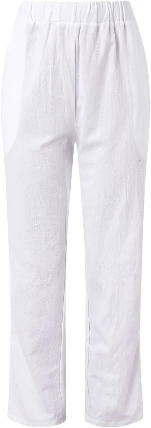 Linen Pants for Women Straight Leg Summer Cotton Side Hollow Trousers Casual High Waist Elastic Linen Beach Pants