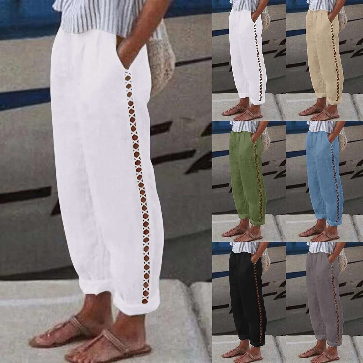 Linen Pants for Women Straight Leg Summer Cotton Side Hollow Trousers Casual High Waist Elastic Linen Beach Pants
