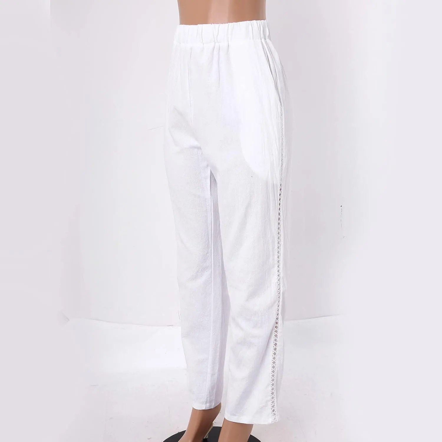 Linen Pants for Women Straight Leg Summer Cotton Side Hollow Trousers Casual High Waist Elastic Linen Beach Pants