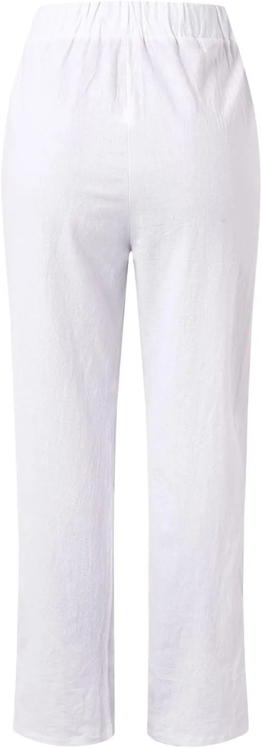 Linen Pants for Women Straight Leg Summer Cotton Side Hollow Trousers Casual High Waist Elastic Linen Beach Pants