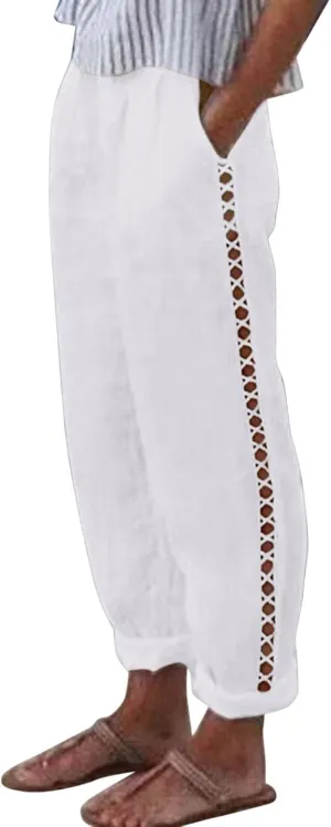 Linen Pants for Women Straight Leg Summer Cotton Side Hollow Trousers Casual High Waist Elastic Linen Beach Pants