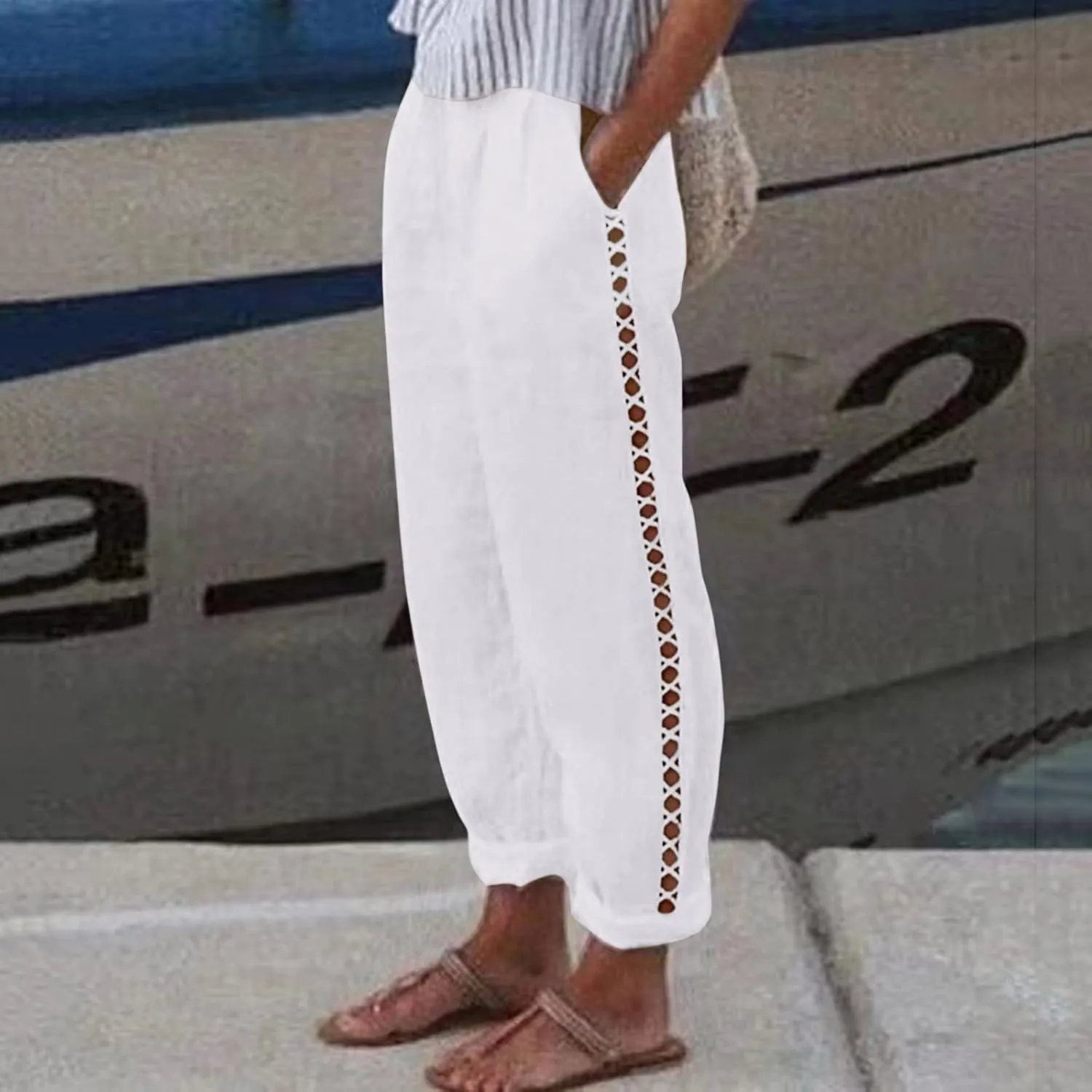 Linen Pants for Women Straight Leg Summer Cotton Side Hollow Trousers Casual High Waist Elastic Linen Beach Pants