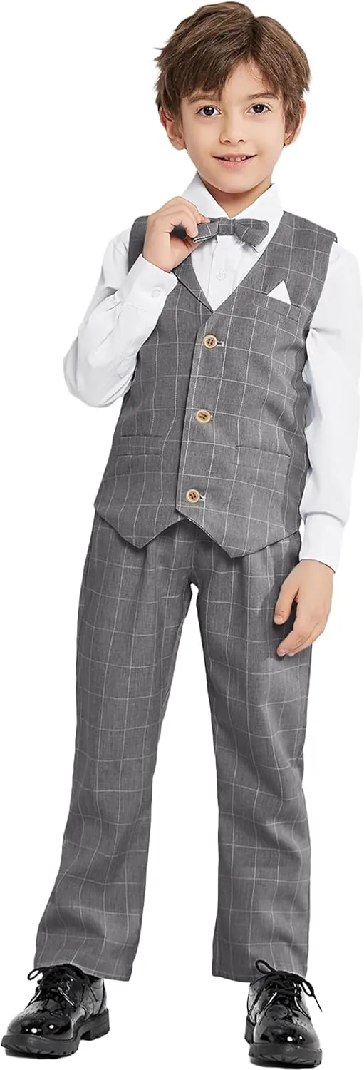LOLANTA Boys Vest Suits 4PCs Wedding Ring Bearer Outfits Wasitcoat Shirt Pants Bow Tie 2-13 Years