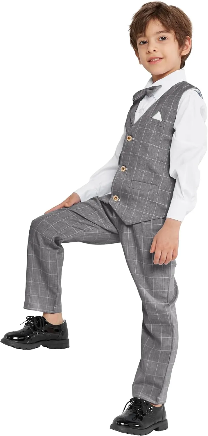 LOLANTA Boys Vest Suits 4PCs Wedding Ring Bearer Outfits Wasitcoat Shirt Pants Bow Tie 2-13 Years