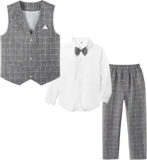 LOLANTA Boys Vest Suits 4PCs Wedding Ring Bearer Outfits Wasitcoat Shirt Pants Bow Tie 2-13 Years