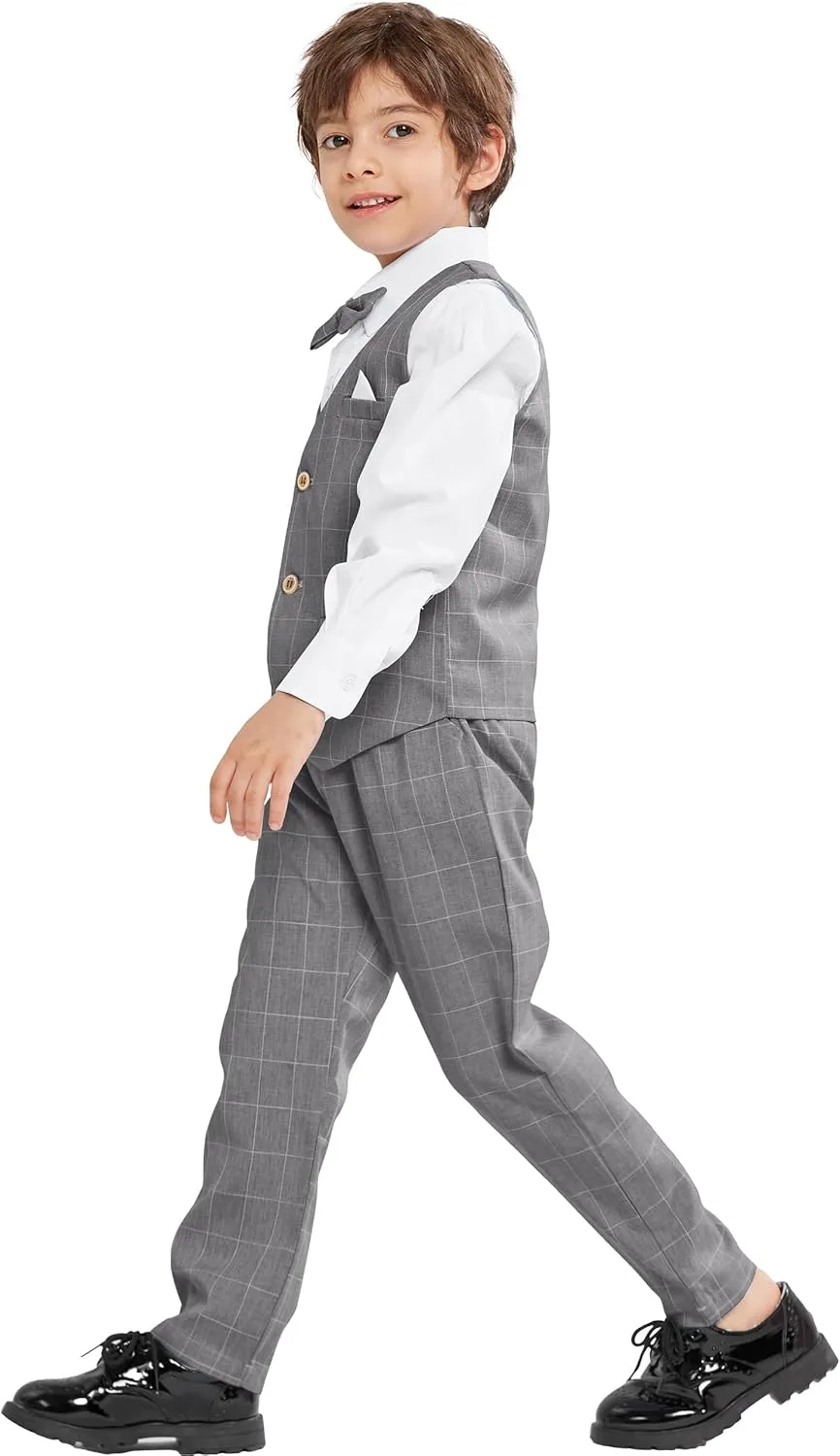 LOLANTA Boys Vest Suits 4PCs Wedding Ring Bearer Outfits Wasitcoat Shirt Pants Bow Tie 2-13 Years