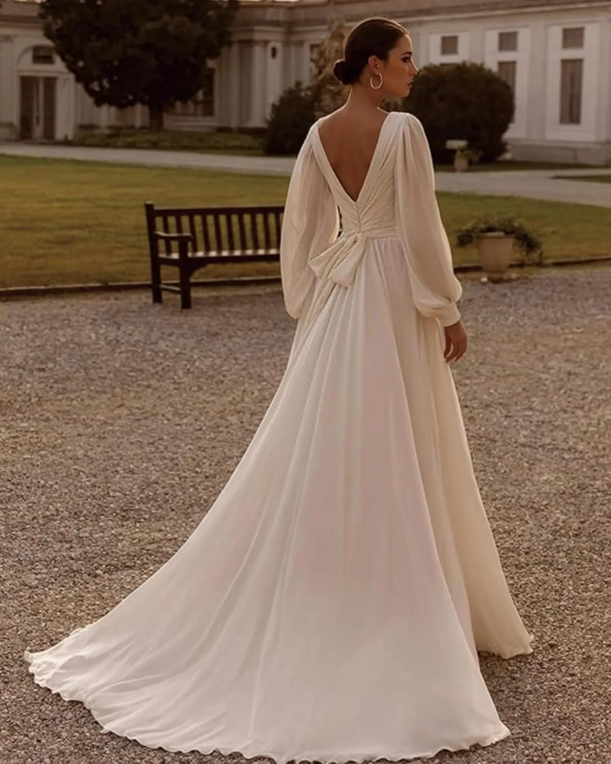 Long Sleeve Chiffon Off Shoulder White Plus Size Wedding Dress for Women Bridal Beach Dress