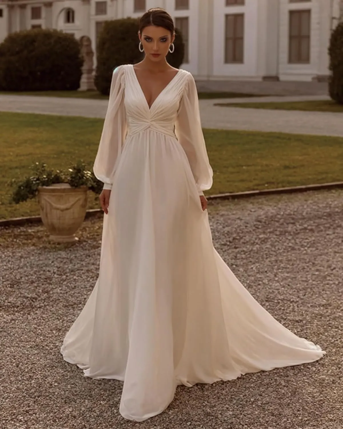 Long Sleeve Chiffon Off Shoulder White Plus Size Wedding Dress for Women Bridal Beach Dress