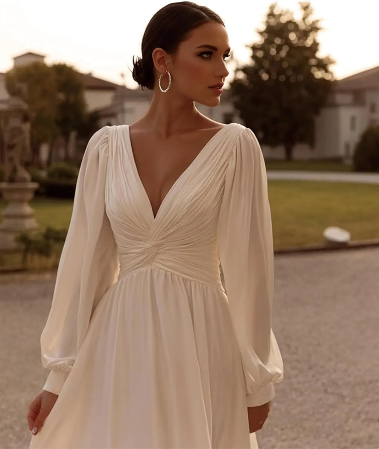 Long Sleeve Chiffon Off Shoulder White Plus Size Wedding Dress for Women Bridal Beach Dress