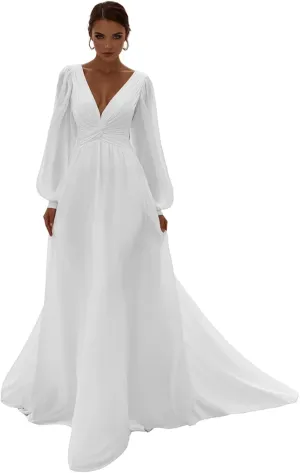 Long Sleeve Chiffon Off Shoulder White Plus Size Wedding Dress for Women Bridal Beach Dress